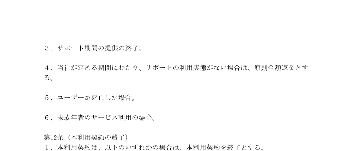 AIプラン利用規約がサポート未利用や未成年利用などの返金条件を記載している